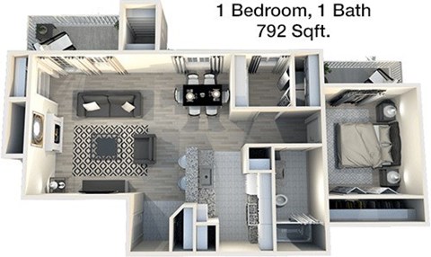 Floor plan for 1 bed, 1 bath, 792 sqft